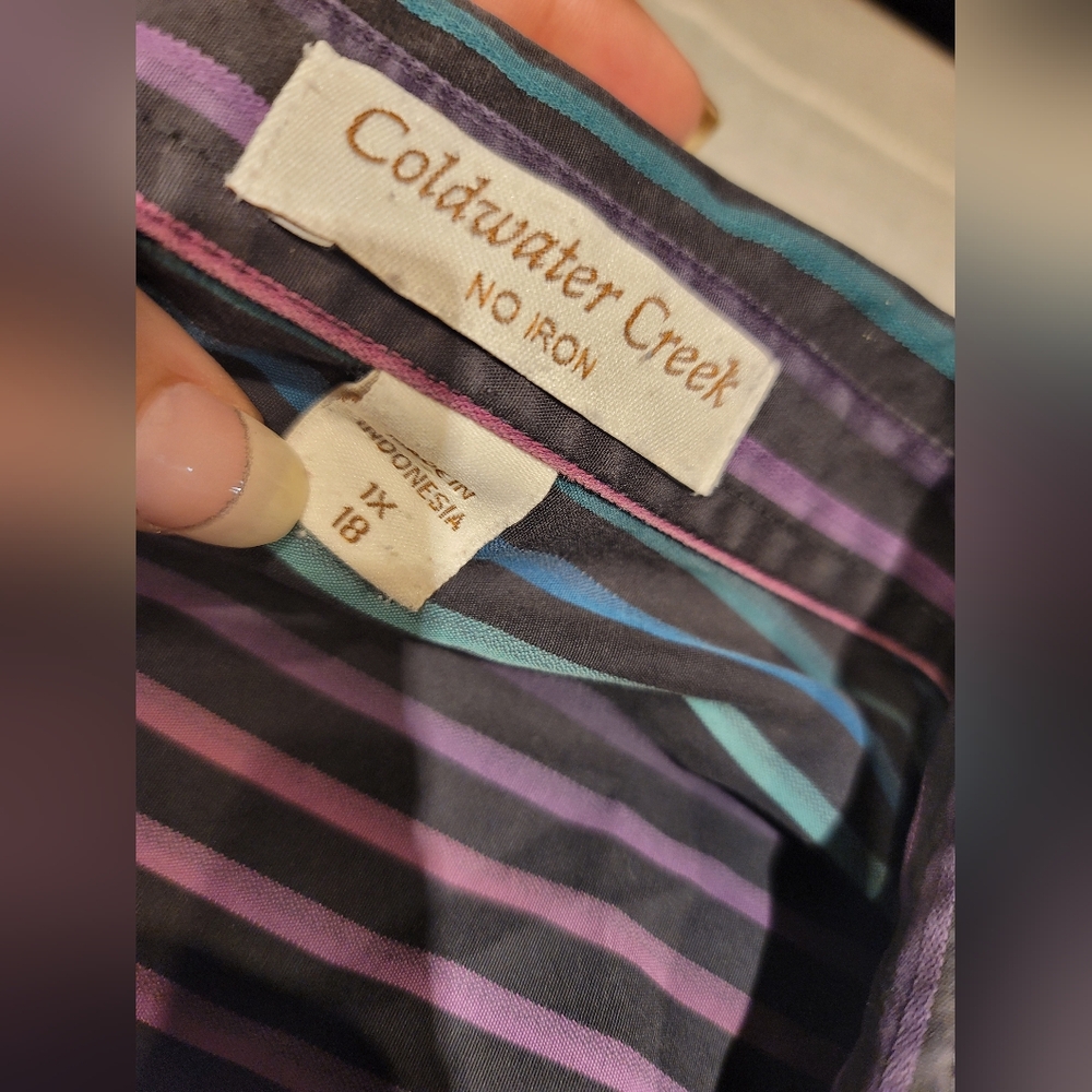 Coldwater Creek Black Purple Striped Button Up No Iron Size 1X / 18 - Picture 6 of 7